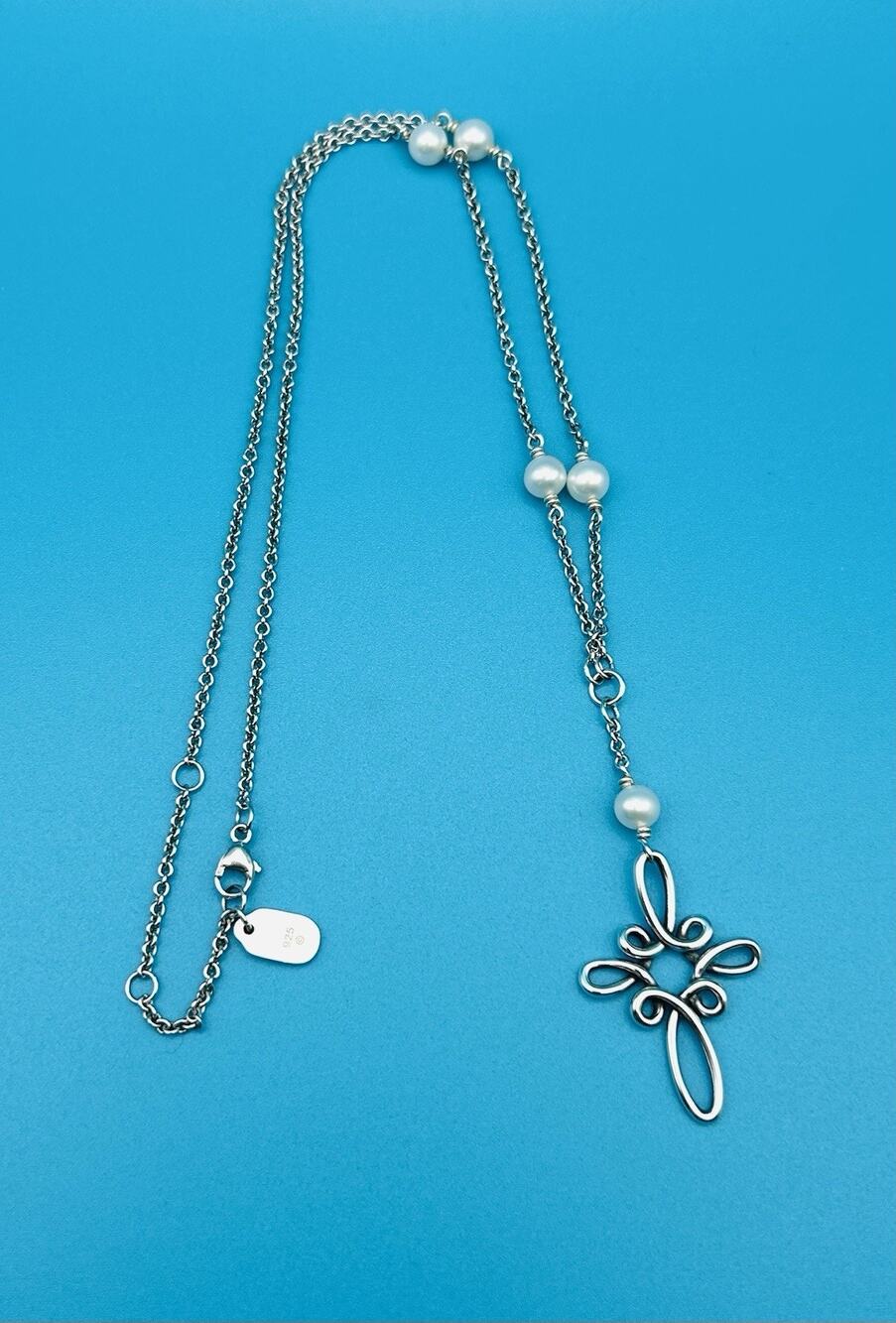James Avery 925 Retired Cross of Loops Cultured Pearl Silver Adjustable Necklace